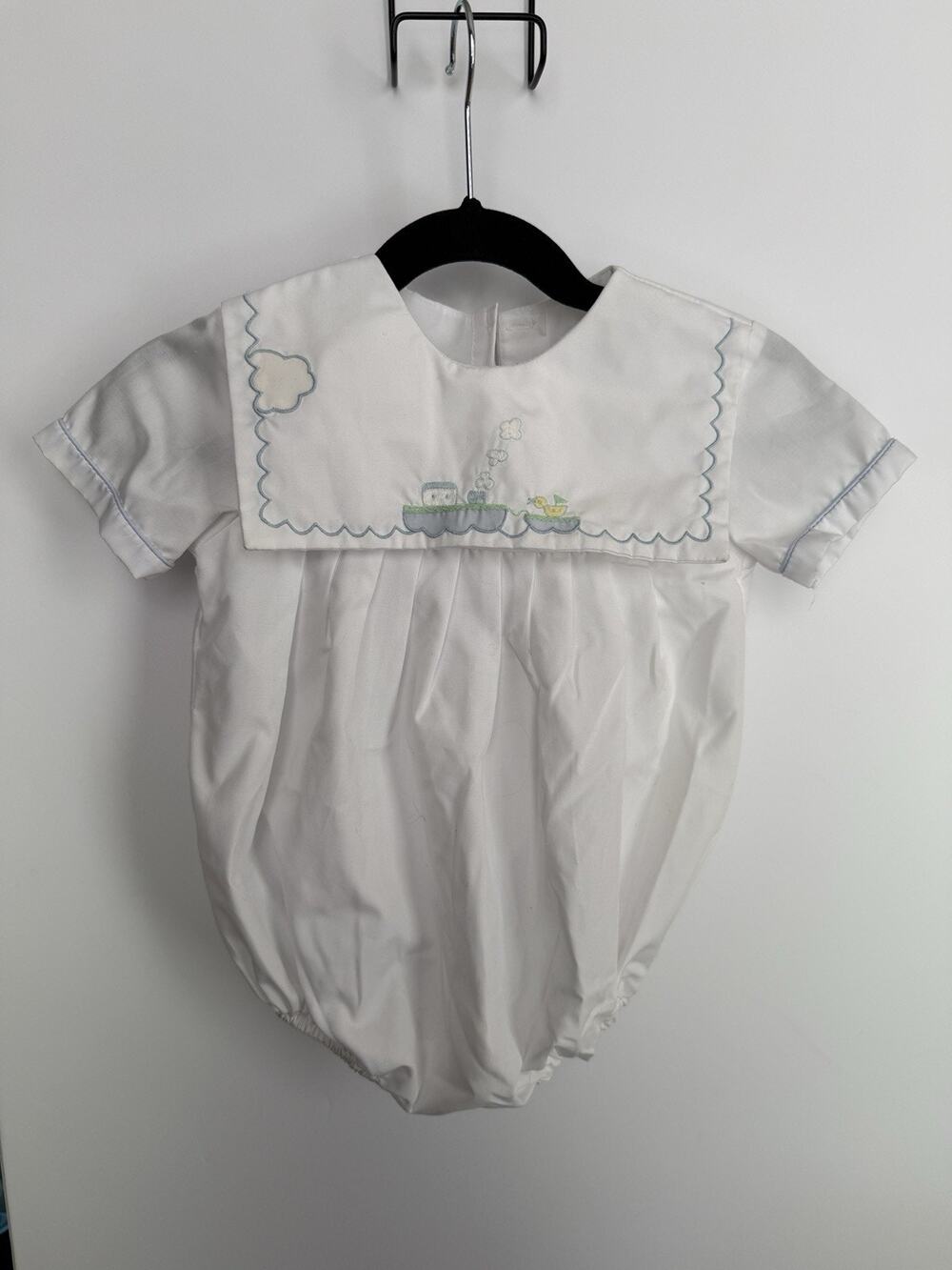 Vintage Nursery Rhyme Baby Boy 9M White Embroidered Boat Duck Bubble Romper